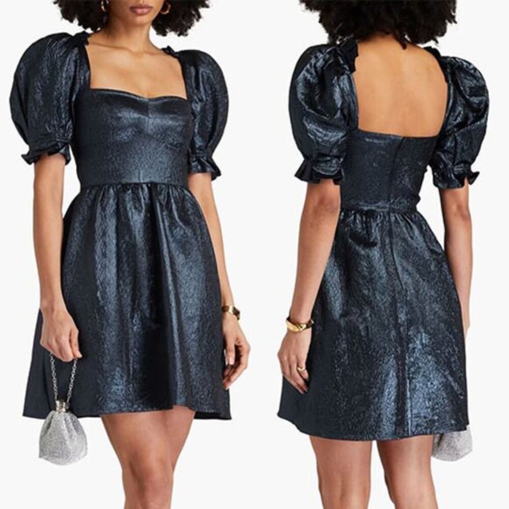 NWT Saloni Rachel-D Metallic Crinkled Puffed Sleeve Mini Dress Midnight Blue